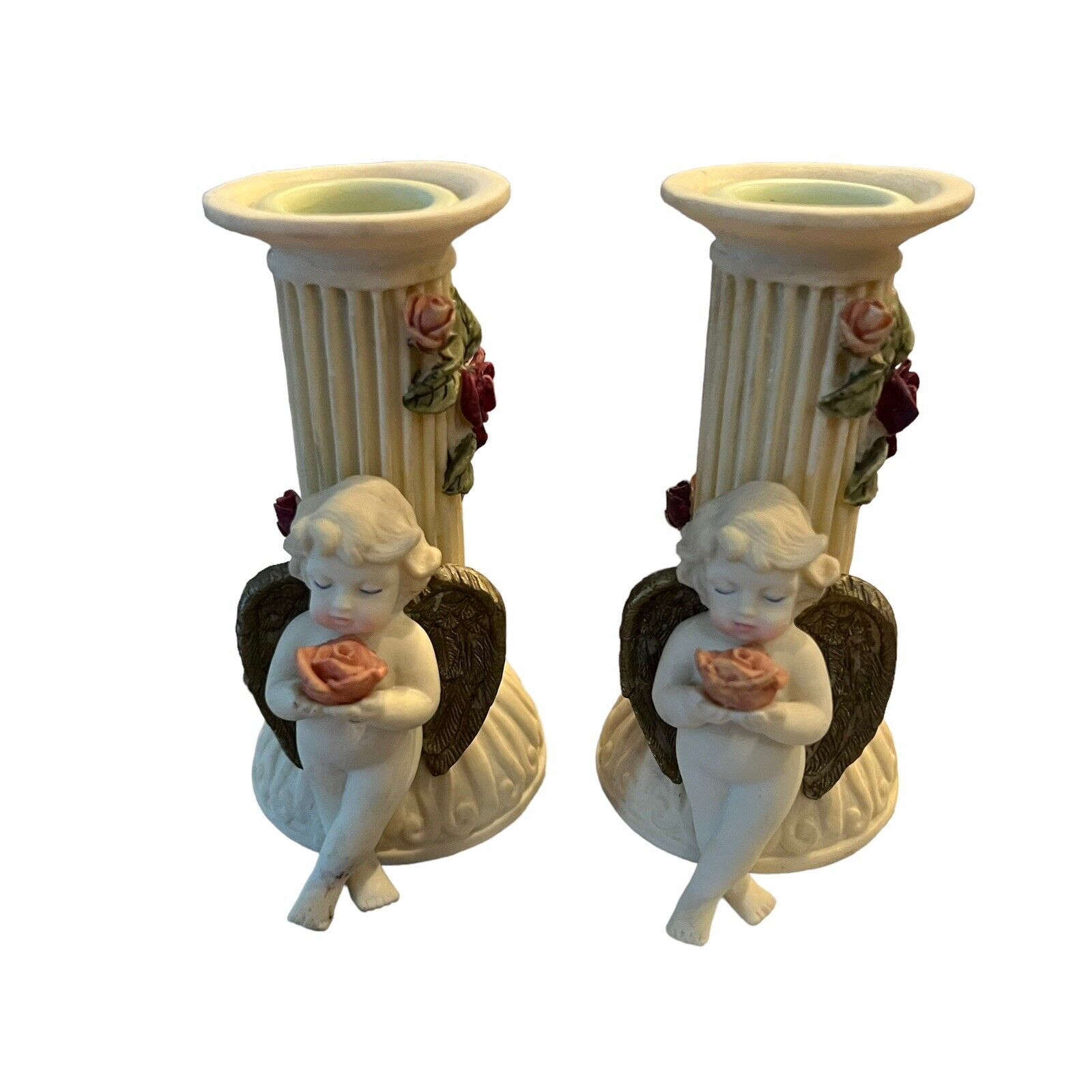 Vtg ceramic pillar candle holders Cherub angel And Rose hand painted Home Decor
