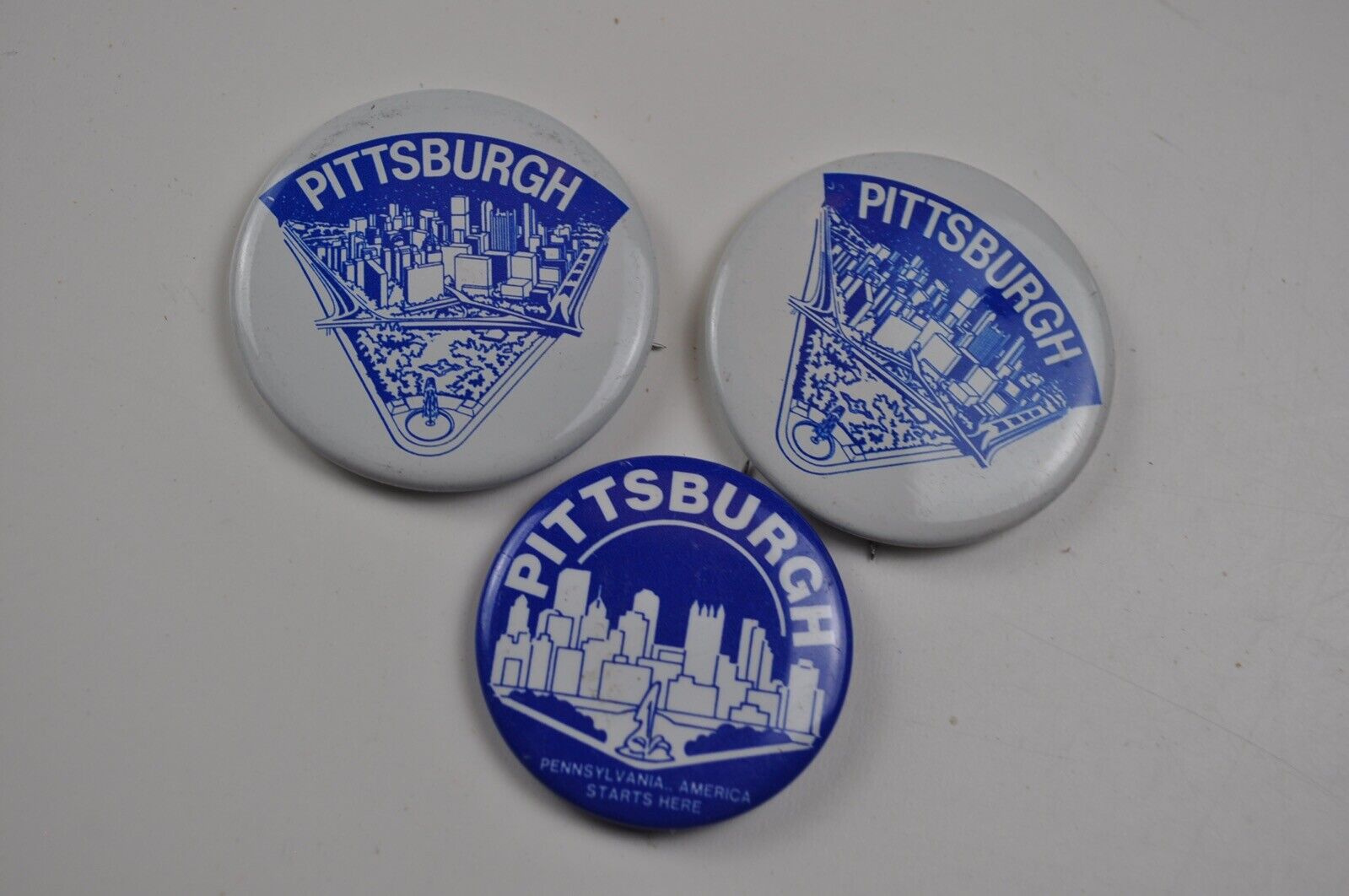 Vintage Pittsburgh Pin Back Set of 3 Blue and White