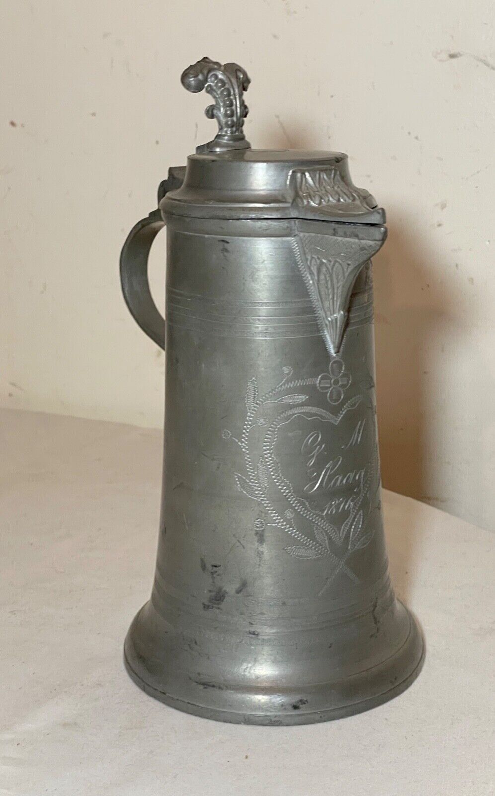 rare antique 1876 1 Liter handmade engraved pewter flagon tankard pitcher stein