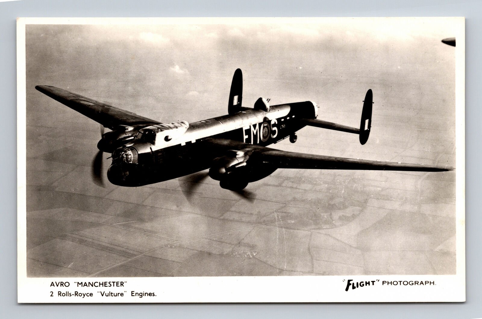 RPPC WWII RAF Avro Manchester Bomber FLIGHT Photograph Postcard
