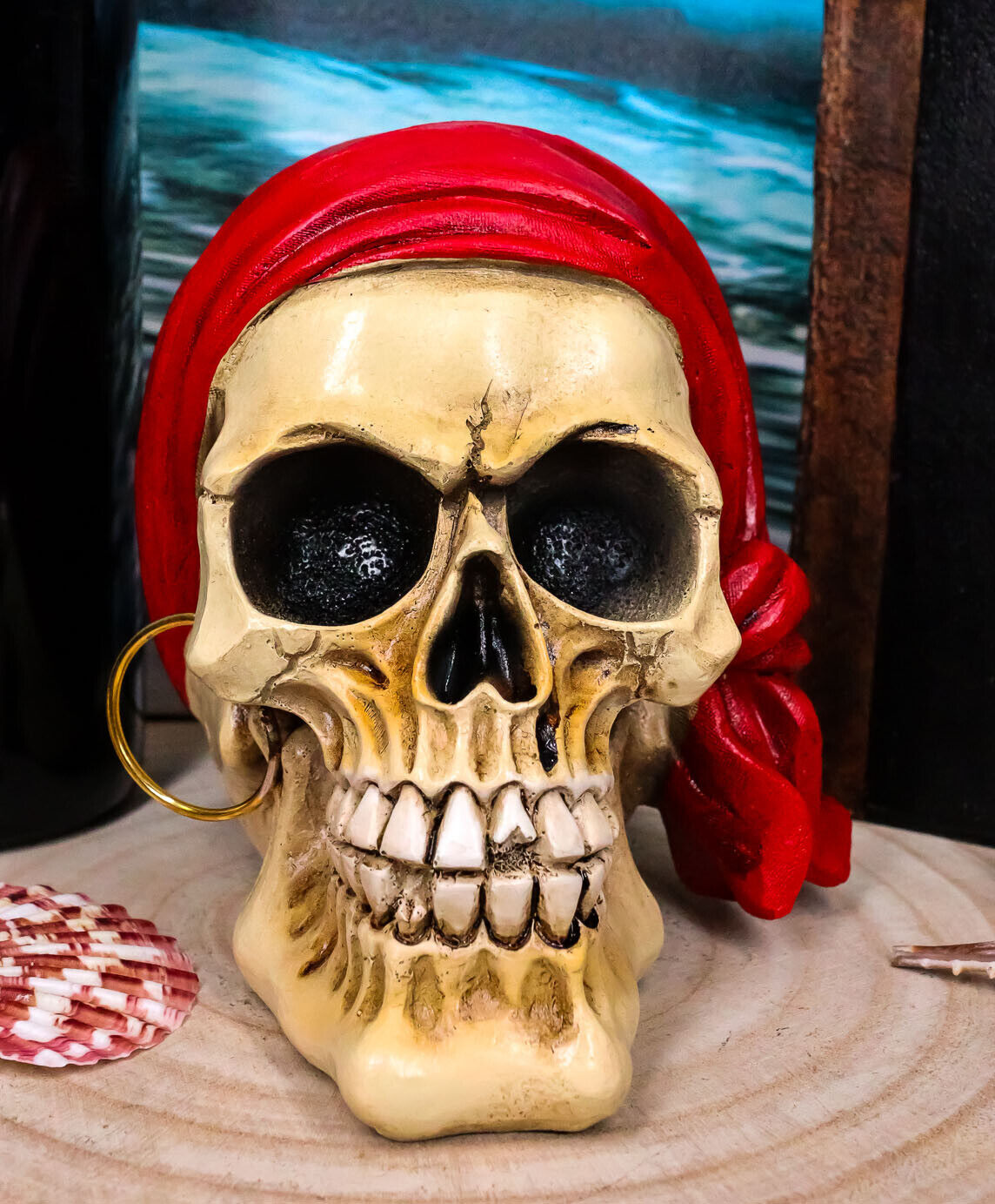 Ebros Ghost Ship Pirate Skull with Red Bandana and Earring Statue 6\