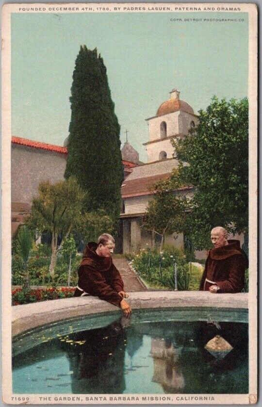 c1910s Santa Barbara Mission, California Postcard Priests at Fountain / Detroit