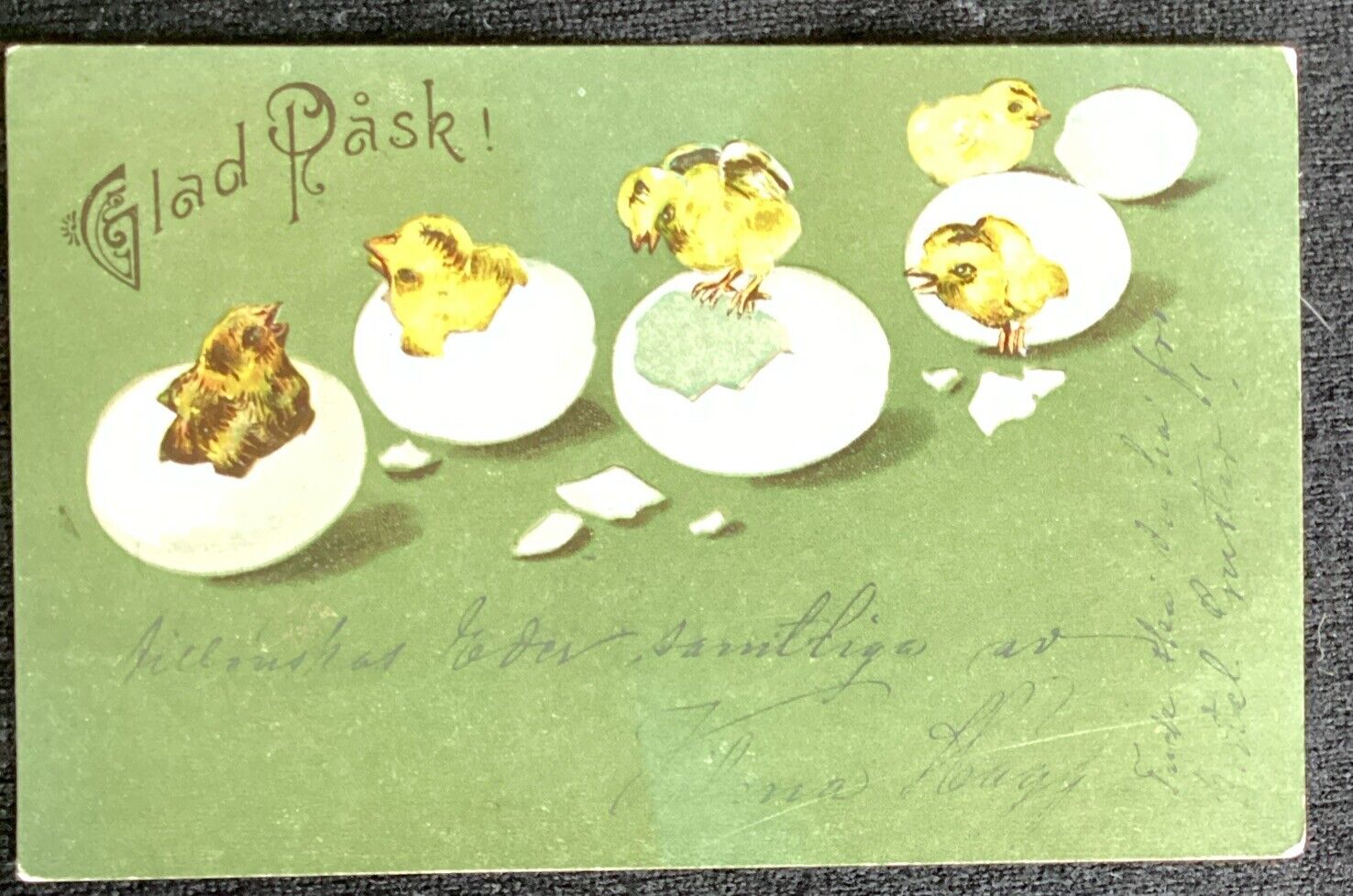 Vintage Swedish Easter Postcard Glad Pask Yellow Chicks Eggs UDB Antique