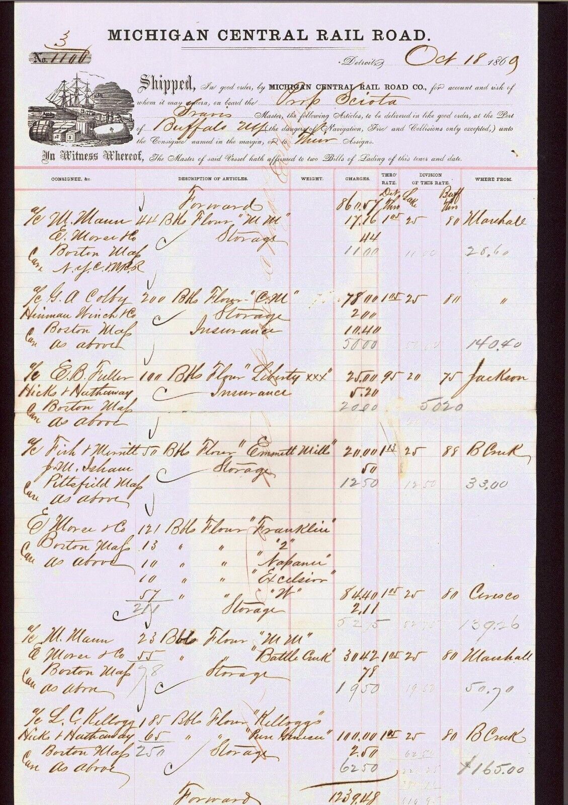 1869 Michigan Central Rail Road - LARGE Shipping Document  RARE Letter Head bill