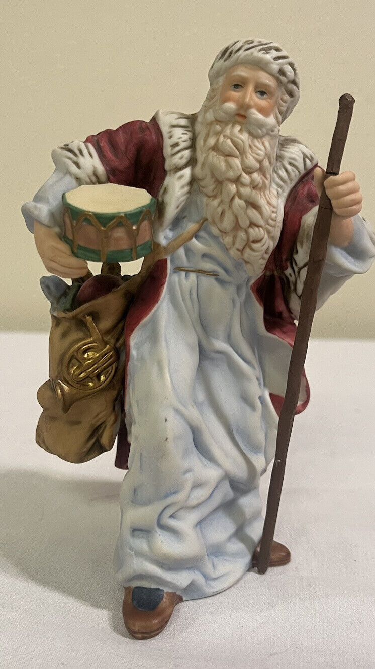 Vintage Old World Santa Figurine 1983 with Bag of Toys Drum Doll Beard
