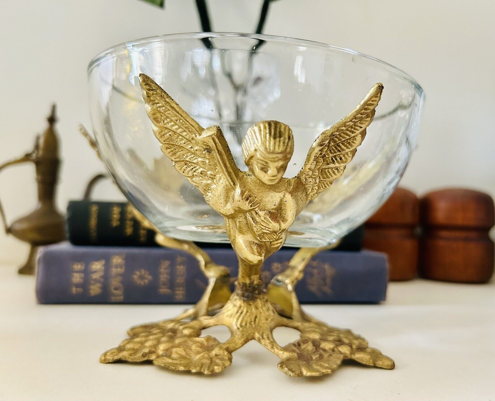 Vintage Brass Angel Cherub Glass  Bowl. Midcentury Home Decor.