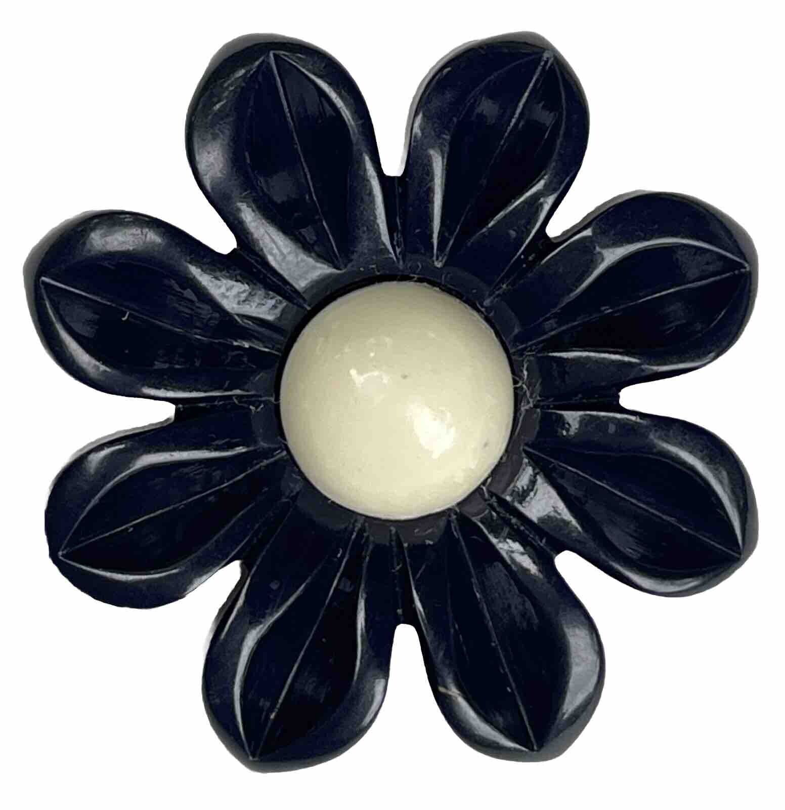 Large Vintage Casein Realistic Flower Button, Navy Blue w/ White Center