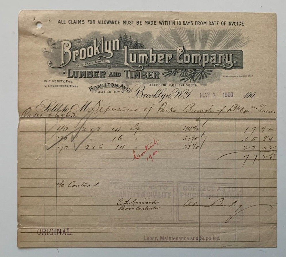 Vintage Antique 1900 Billhead New York Brooklyn Lumber Hamilton Ave letterhead