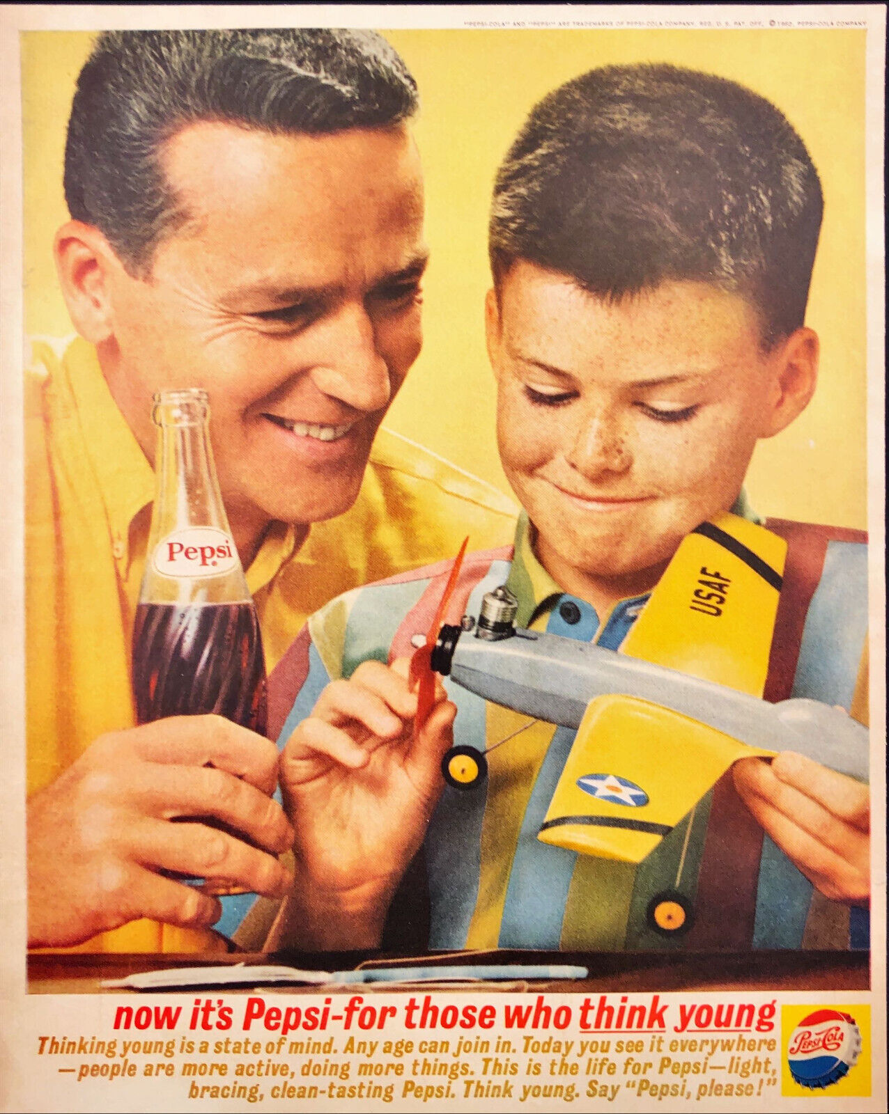 1962 Pepsi Cola Bottle Father & Son working on Model Airplane Vintage Print Ad