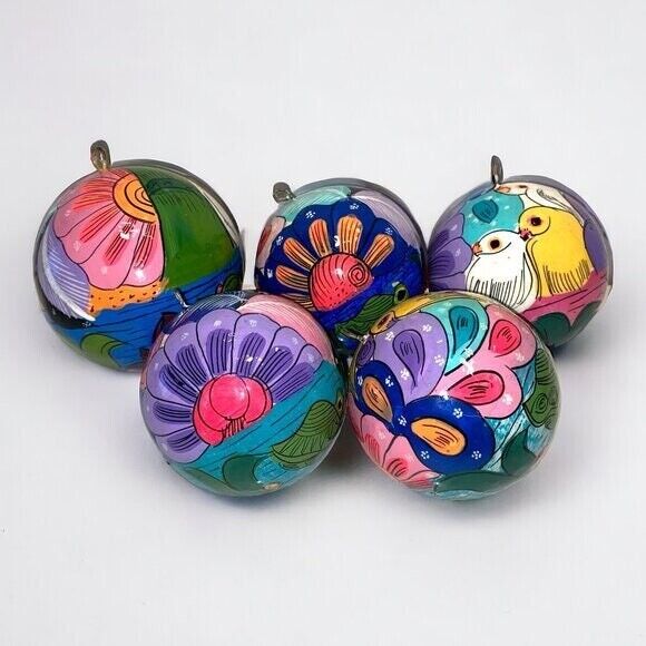 5 Decorative Hand Painted Mexican Art Ornaments Balls Floral Birds Tree *read*