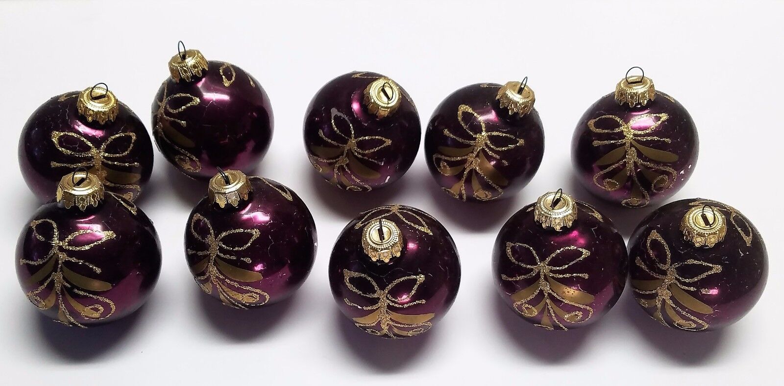 14 Vintage Glass Ball Christmas Ornaments, Purple Gold, Glittery Holiday Lot Set