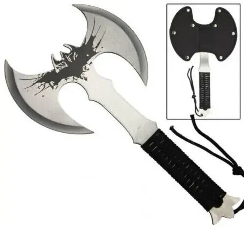 14 The Legendary Bat Wing Double Bladed Stainless Steel Throwing Axe Black Nylon