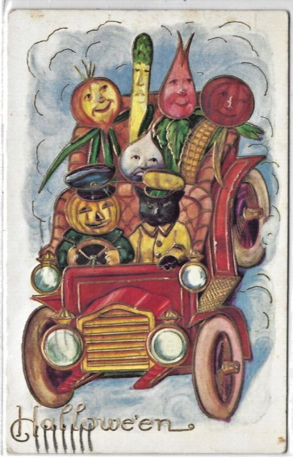 Halloween Postcard Old Car JOL Driver Anthropomorphic Vegetable People Black Cat