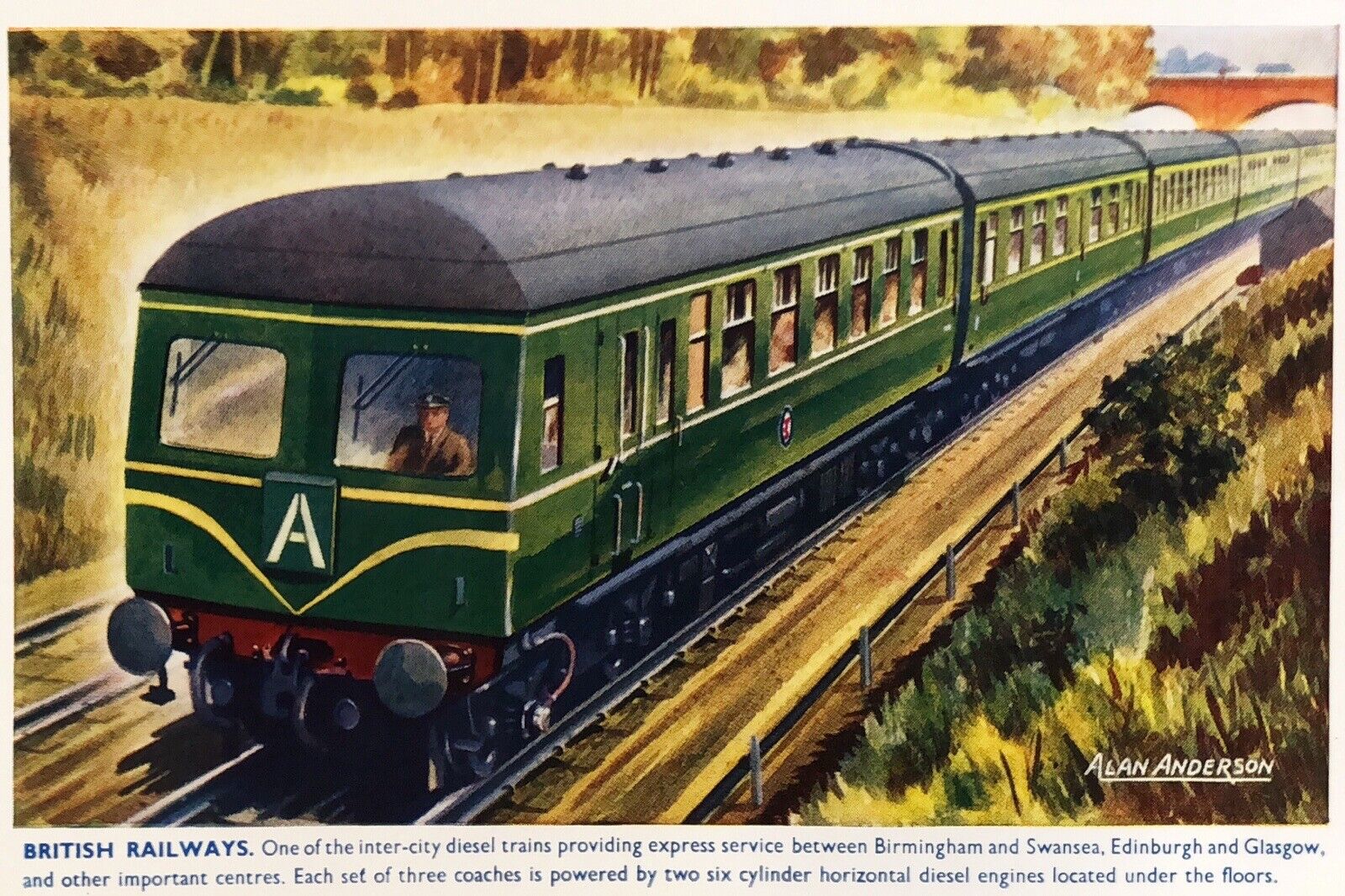 BRITISH RAILWAYS Diesel Train UK Alan Anderson c1940s Vintage Postcard