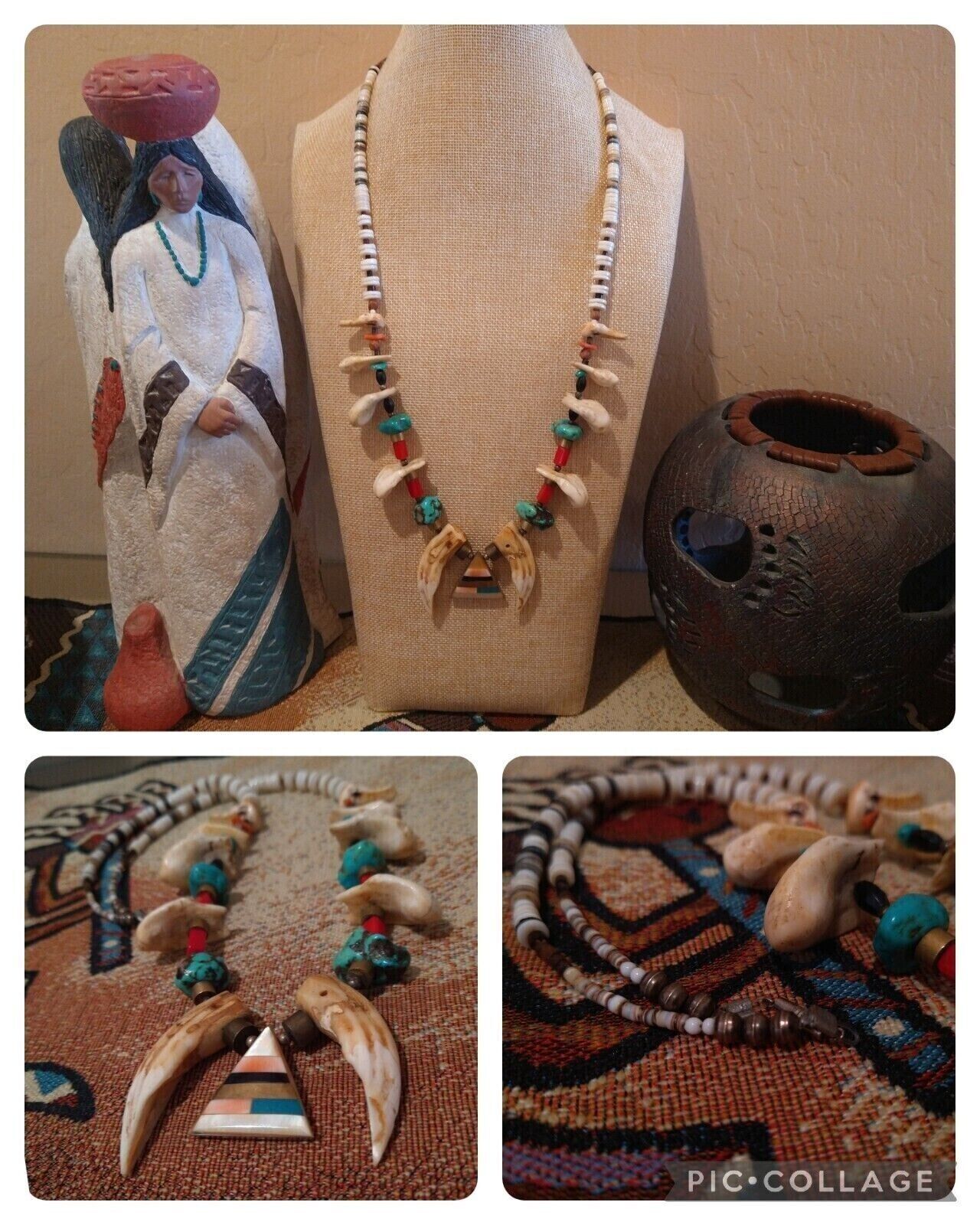 VINTAGE NECKLACE STERLING NAVAJO PEARLS, TURQUOISE, CORAL, SHELL (108g)