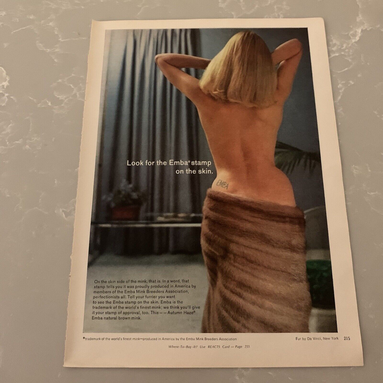1969 Emba Furs Mink Fur Print Ad Naked Back Sexy Woman Lady Blonde Vintage
