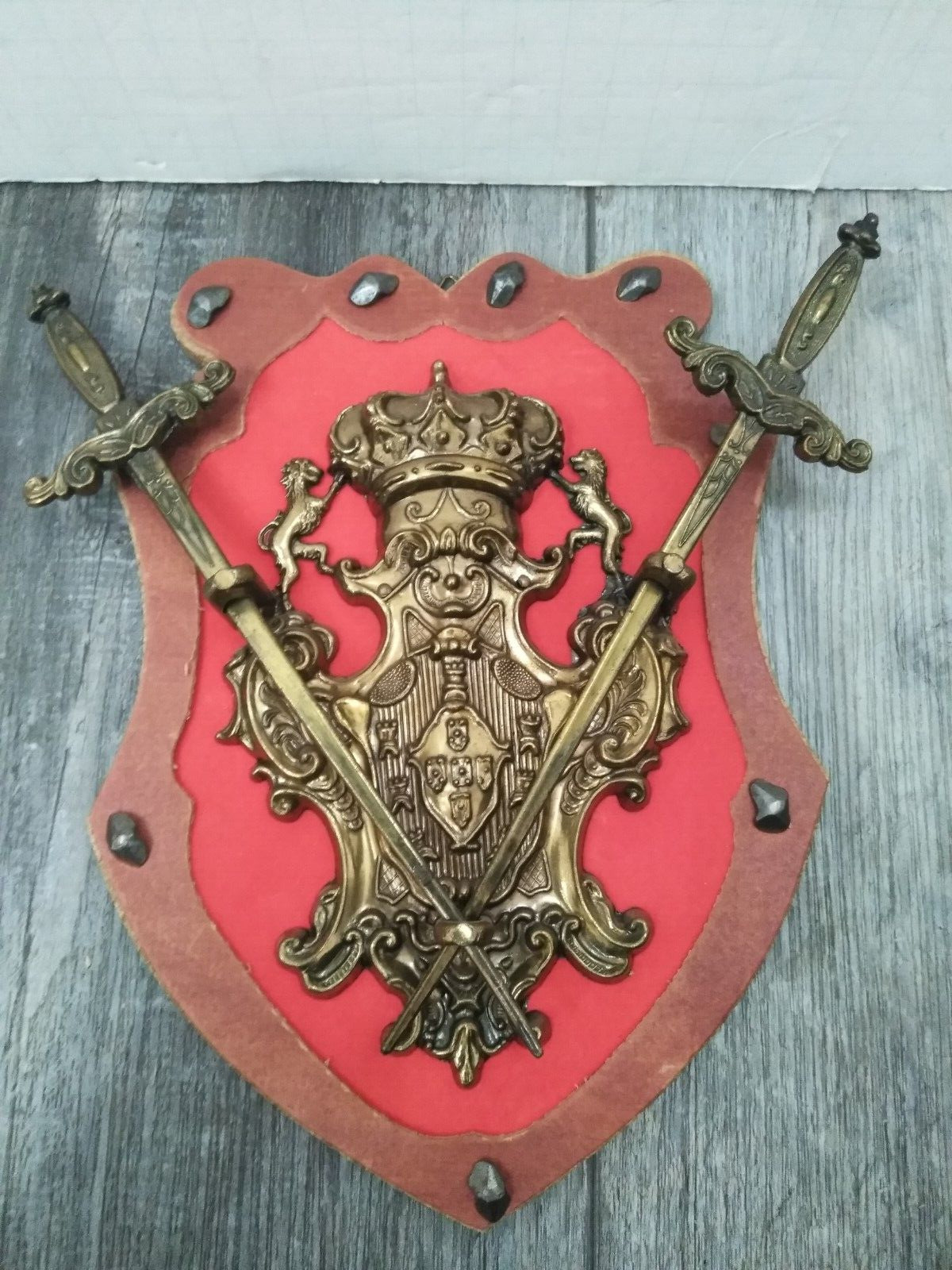 ANTIQUE Double Sword Double Lion Crown Family Crest Coat of Arms Ornate Shield