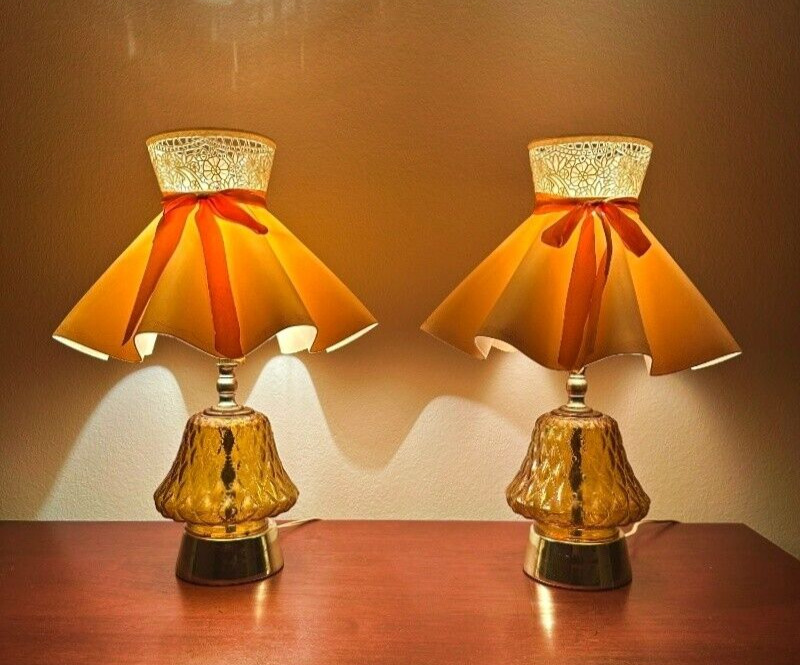 Pair Vintage Amber Glass Table Boudoir Lamps 15 Inch Plastic Umbrella Shades MCM