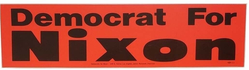 1960s Democrats for Nixon Large Day Glow Bumper Sticker