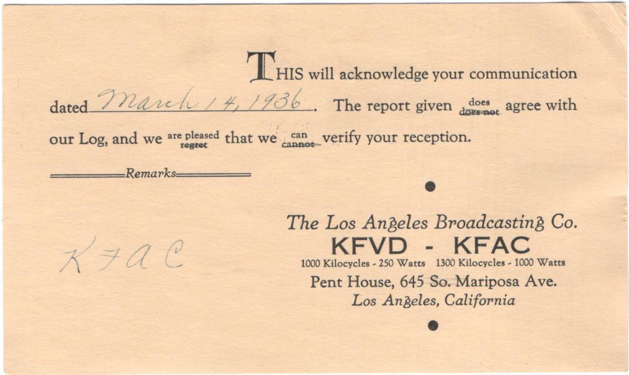 QSL, KFAC, Los Angeles, California, 1936