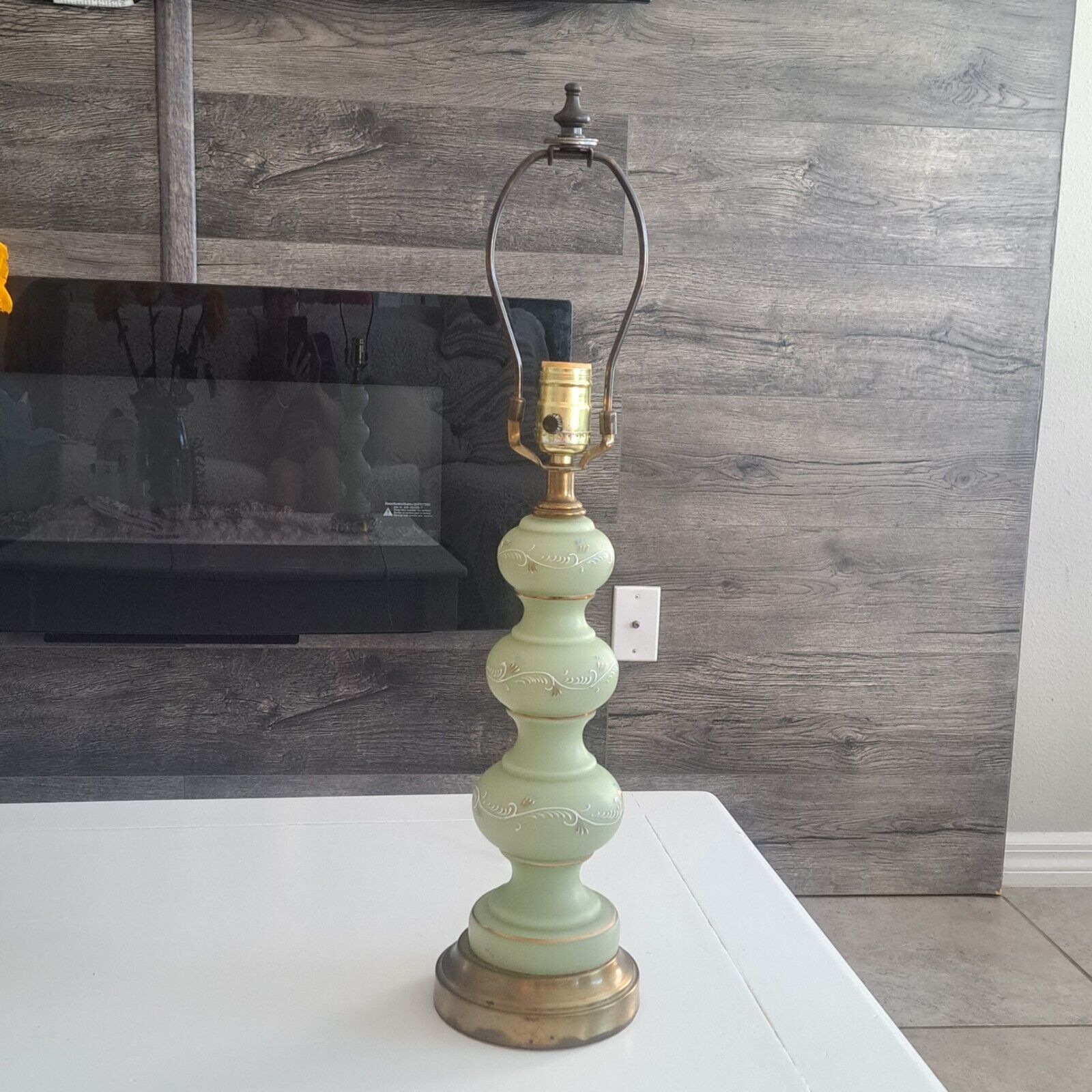 Vintage French Green Opaline Style Glass Handpainted Inside Out Table Lamp
