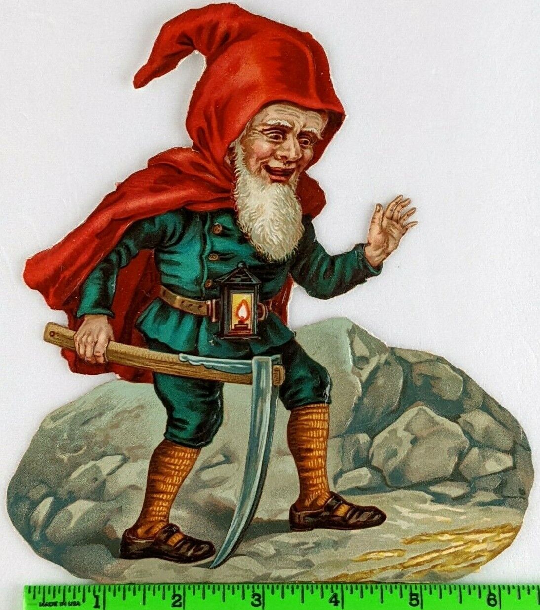 Vintage 1880s Gnome Mining for Gold Lantern Cloak Scythe Die Cut Victorian Card