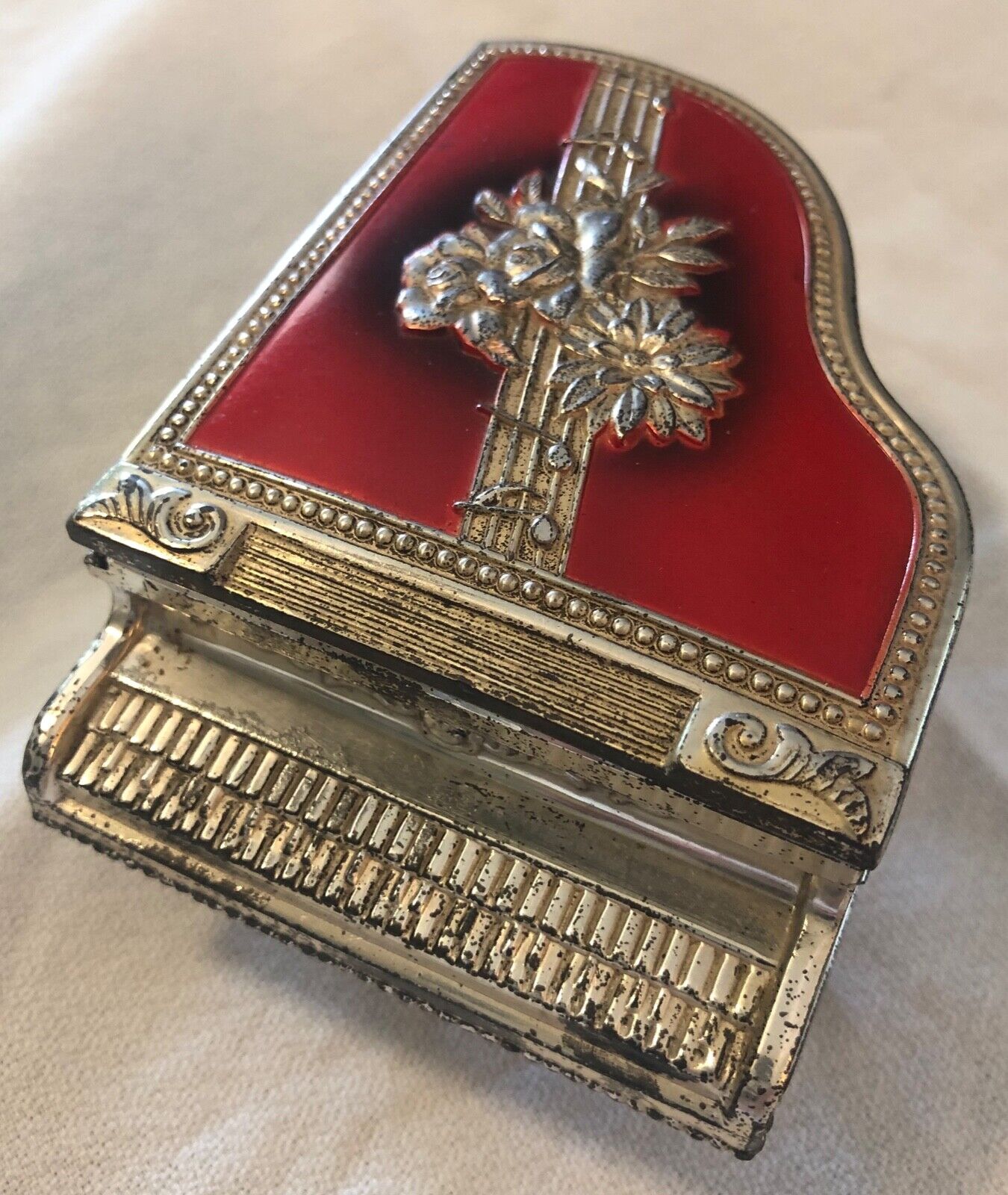 Vintage Mini Enamel Piano Trinket Box Occupied Japan Red Gold Silver Tone