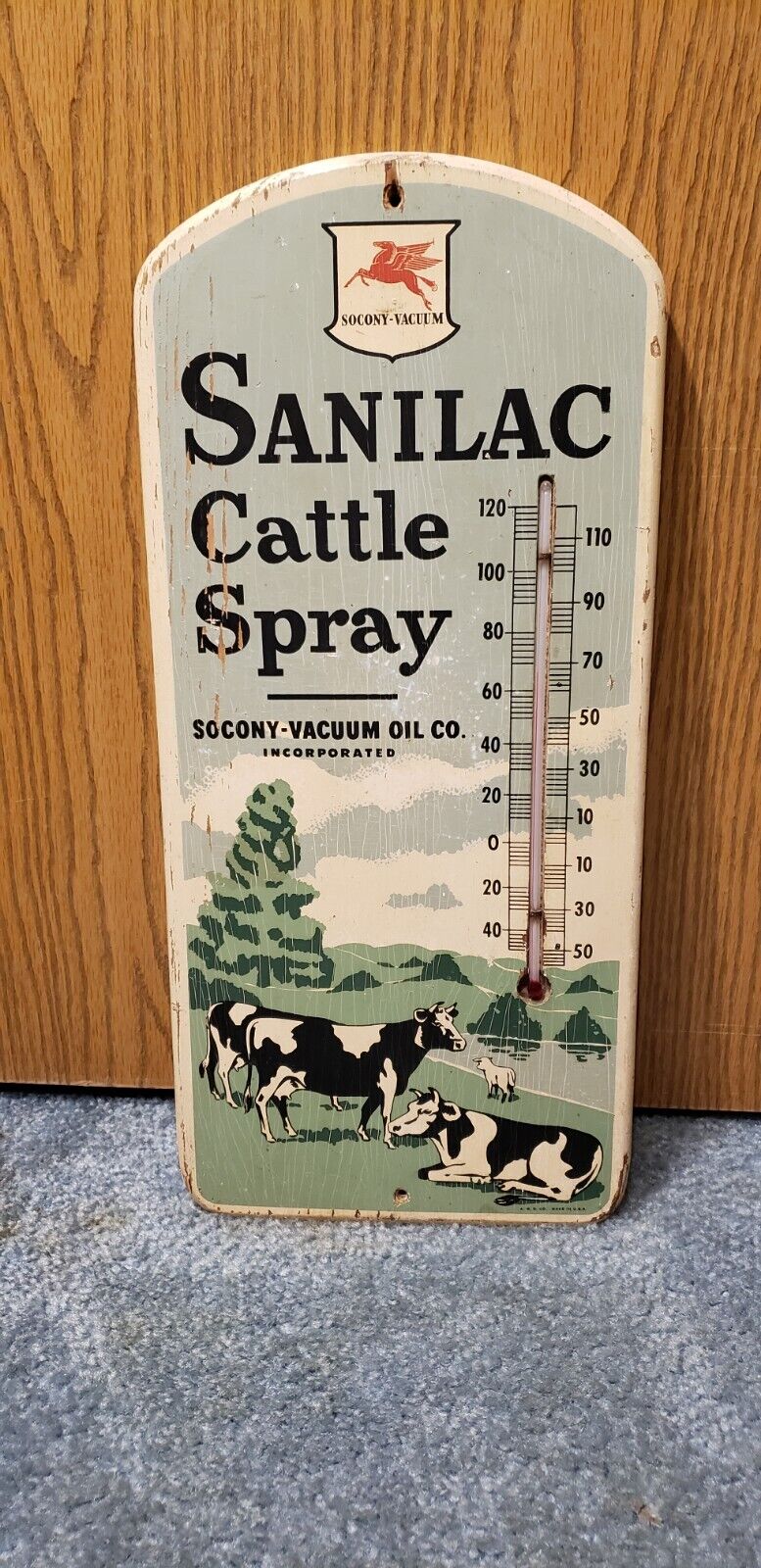 Rare Vintage Socony Sanilac Cattle Spray Thermometer Wood Sign Mobil Oil Feed 