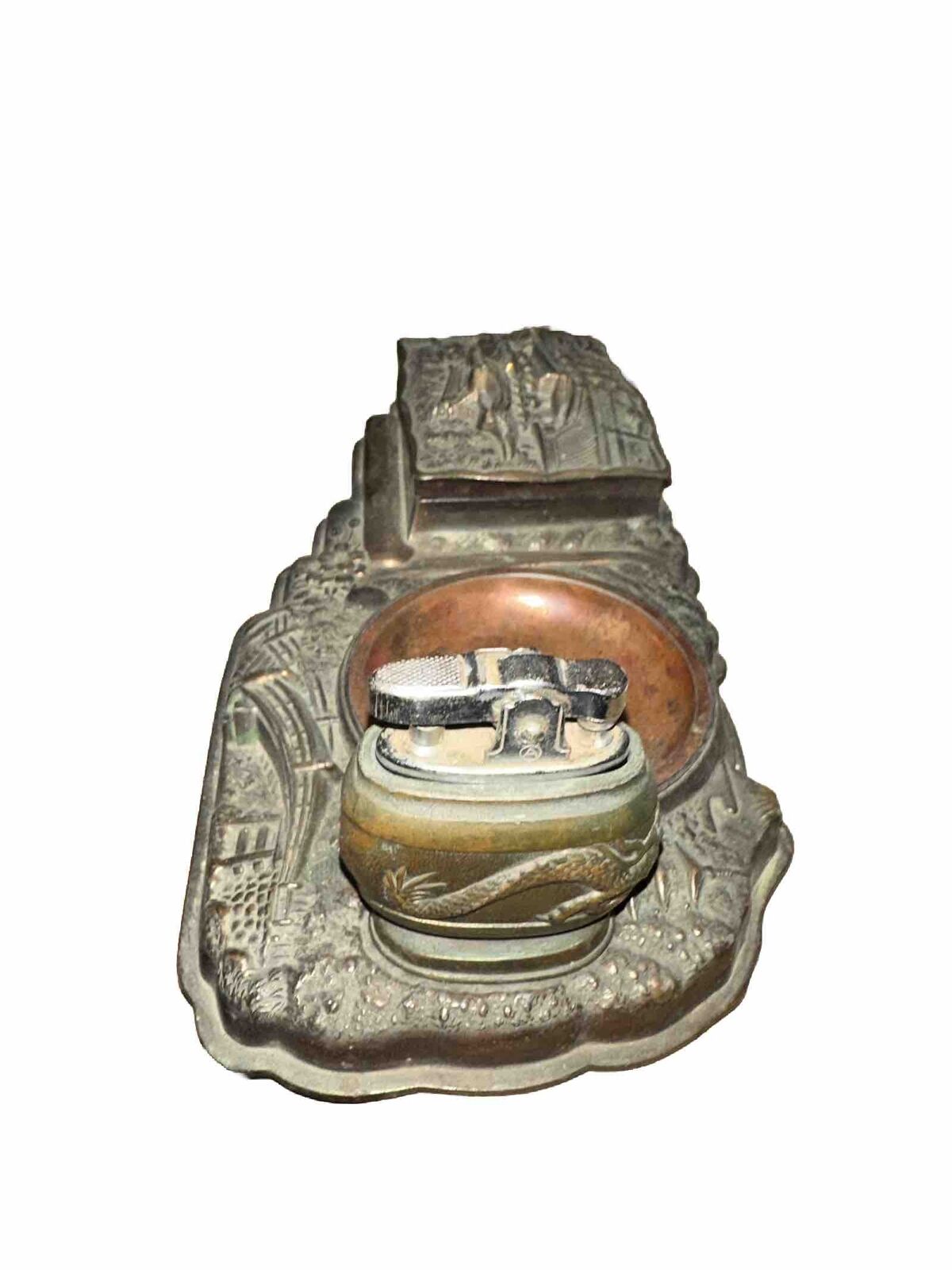 Vintage Japanese Copper Pagoda Desk Cigarette Box Lighter Ashtray Set