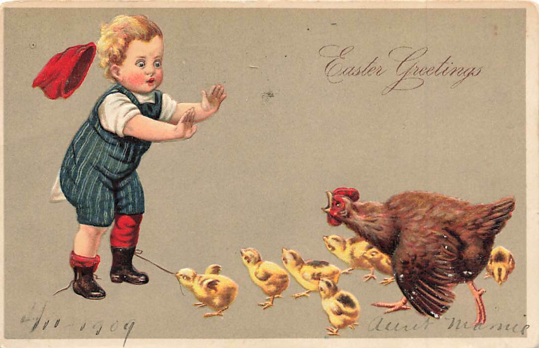 c1909  Chicks Hen Chirping At Boy Easter Germany P220