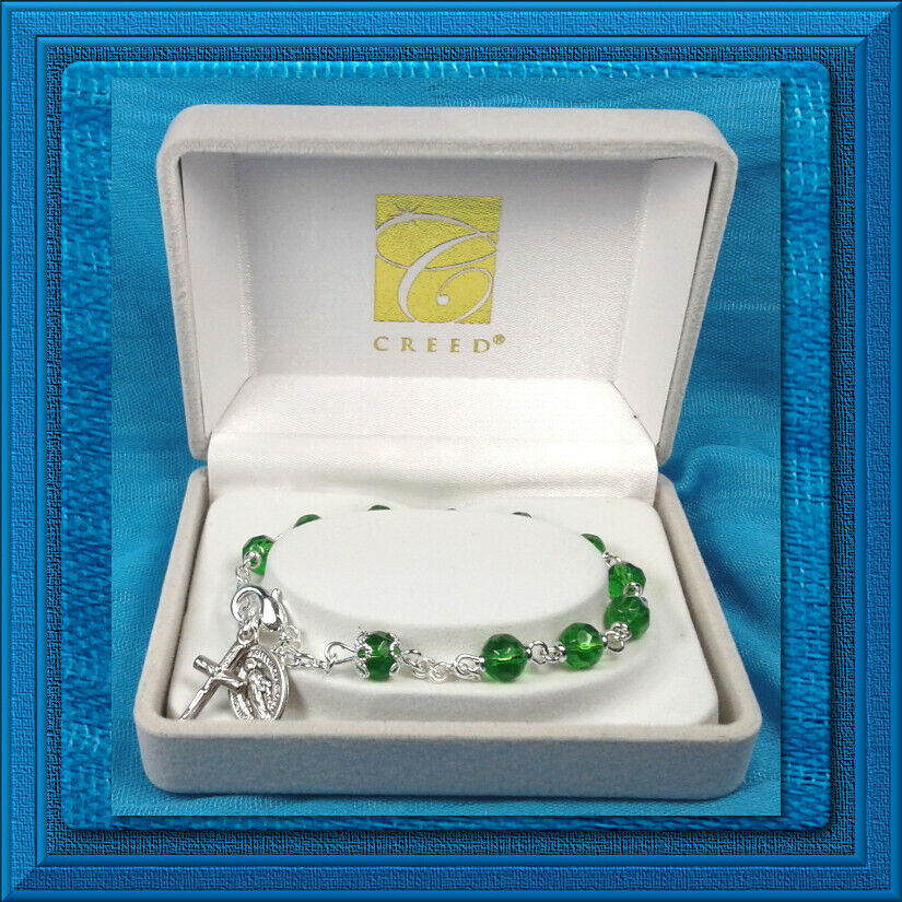 CREED GIFT BOXED Birthstone Month ROSARY BRACELET 6mm August Peridot Green