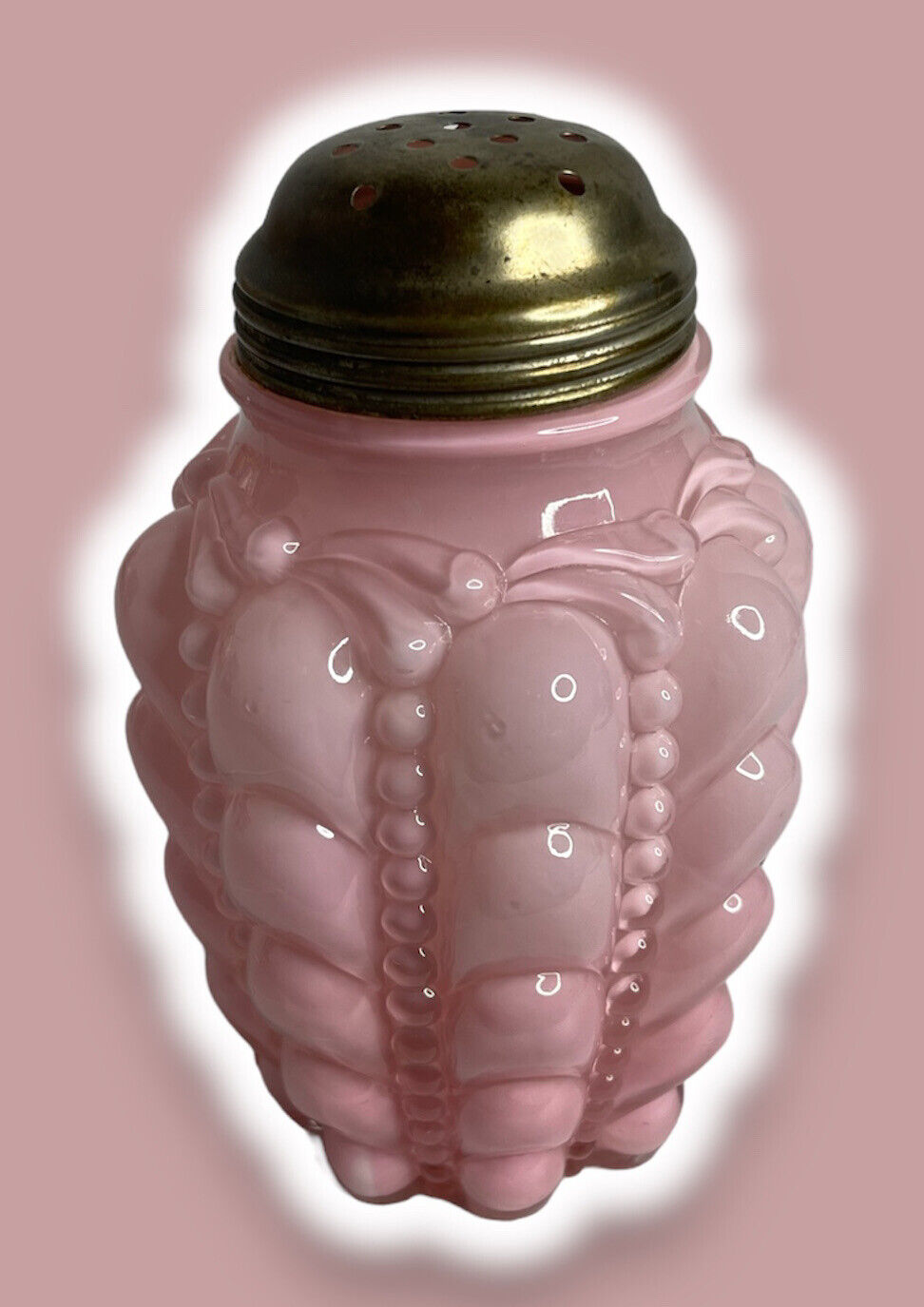 Antique Consolidated Glass Pink Cased Satin Guttate Sugar Shaker Muffineer. 5.5