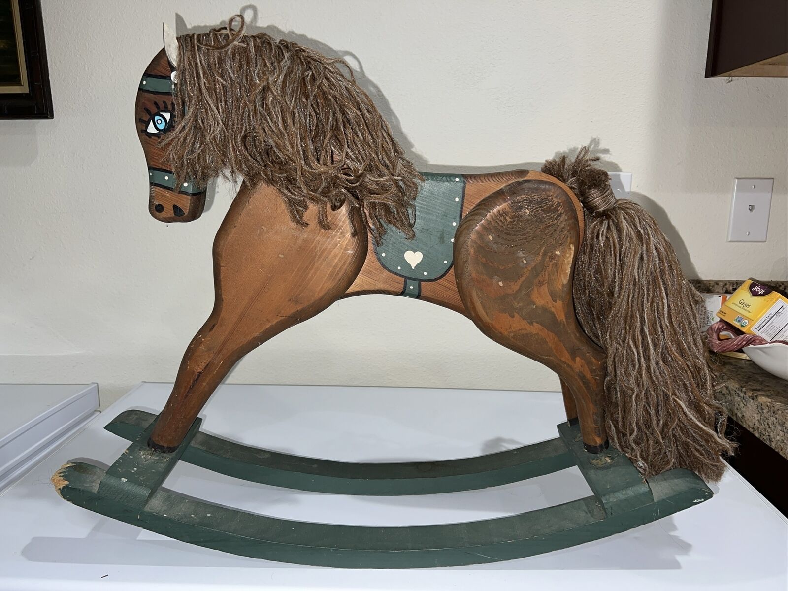 Vintage Wooden Rocking Horse DECOR Yarn Mane and Tail 21” Tall 24” Long Painted
