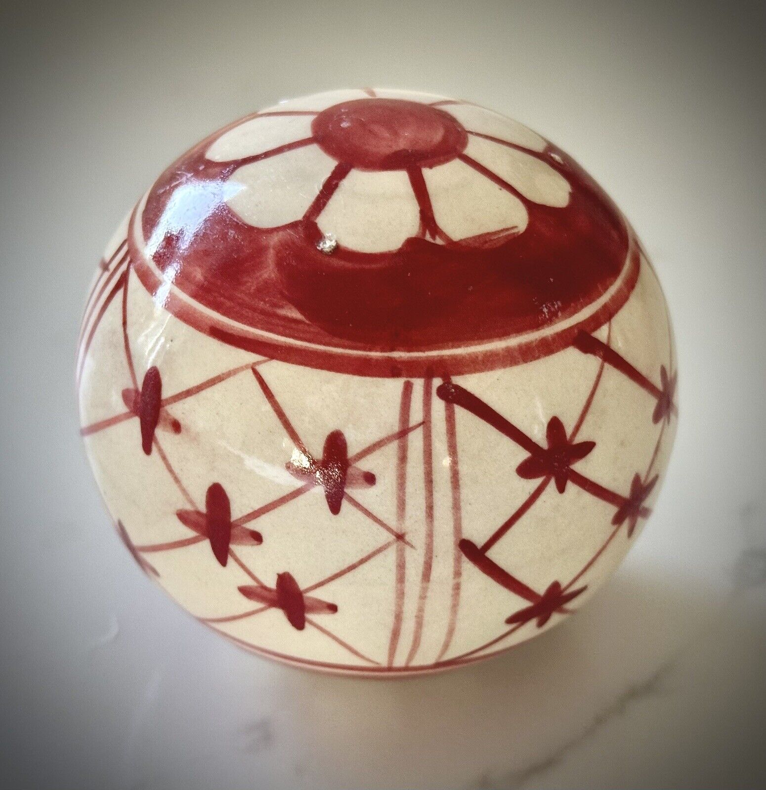 Vintage Carpet Ball  Ceramic Red And Cream With Stars And Stripes Design 3 Inch