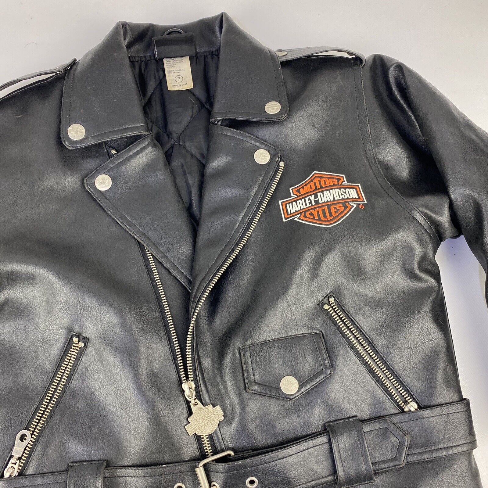 Harley Davidson Faux Black Leather Embroidered Jacket - Kids Size 7 Quilt Lining