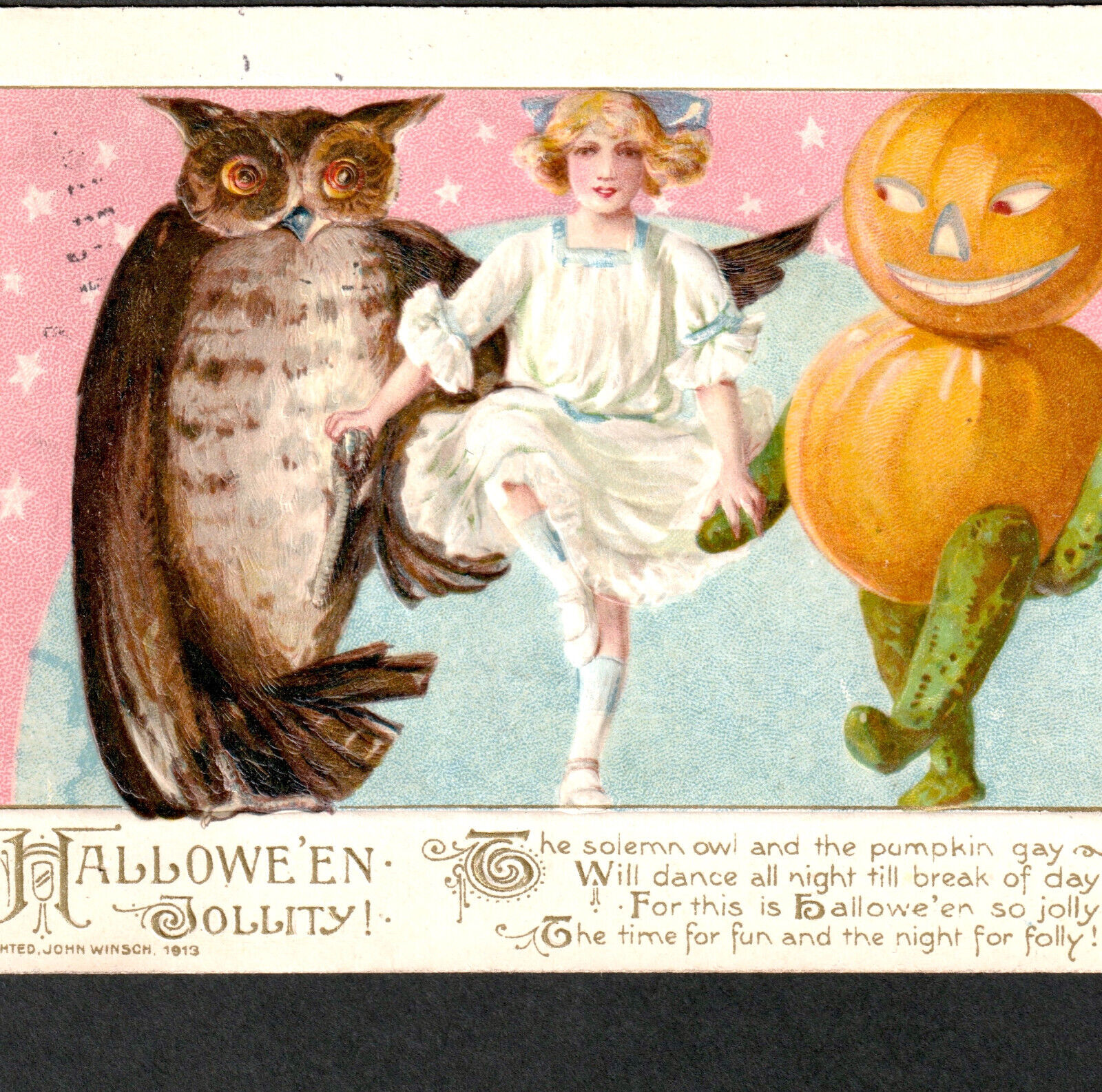 Winsch Schmucker 1913 Halloween Jollity 3847 Pumpkin Gay Dance Owl Girl PostCard