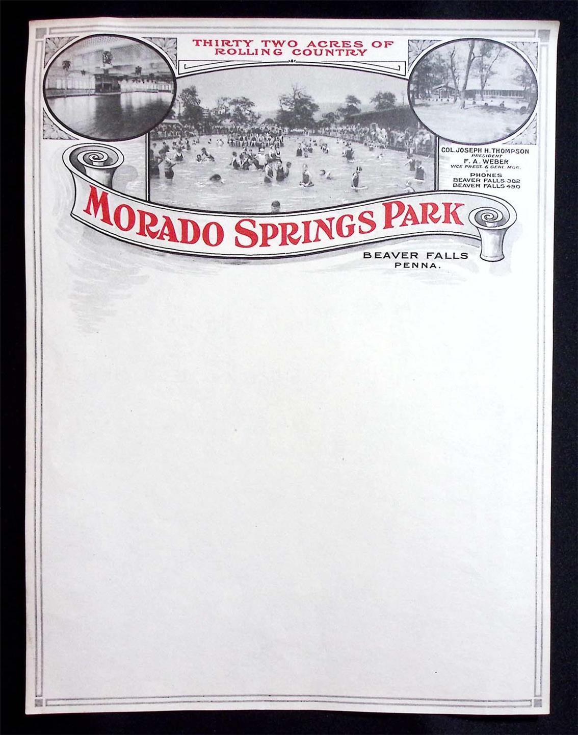 Vintage 1900s MORADO SPRINGS PARK Unused Illustrated Letterhead Beaver Falls PA 