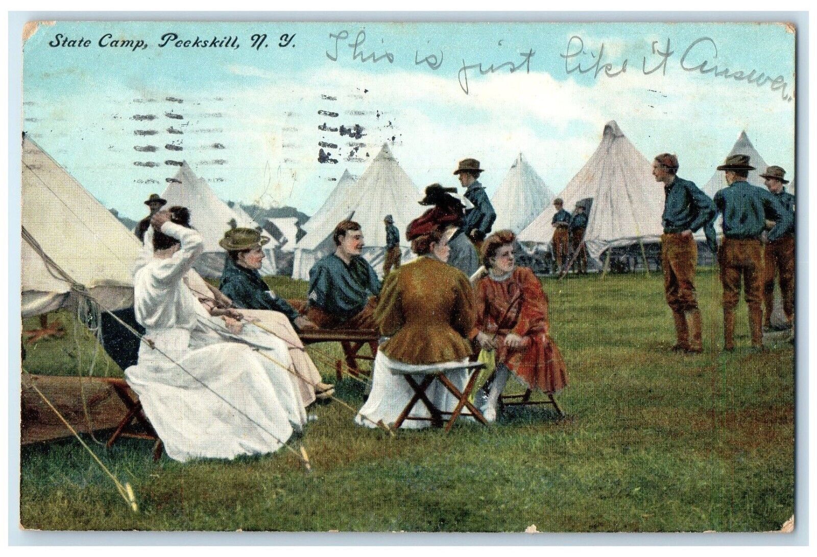 1907 State Camp Sitting Chair Crowd Peekskill New York Antique Vintage Postcard