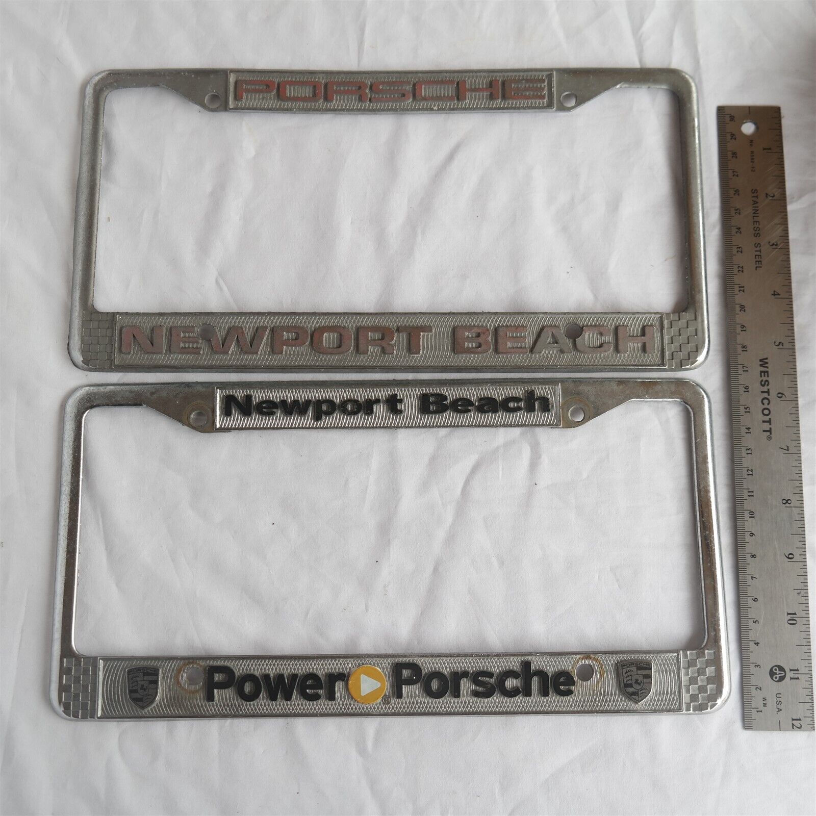 (2) Vtg Porsche Newport Beach Metal License Plate Frames 