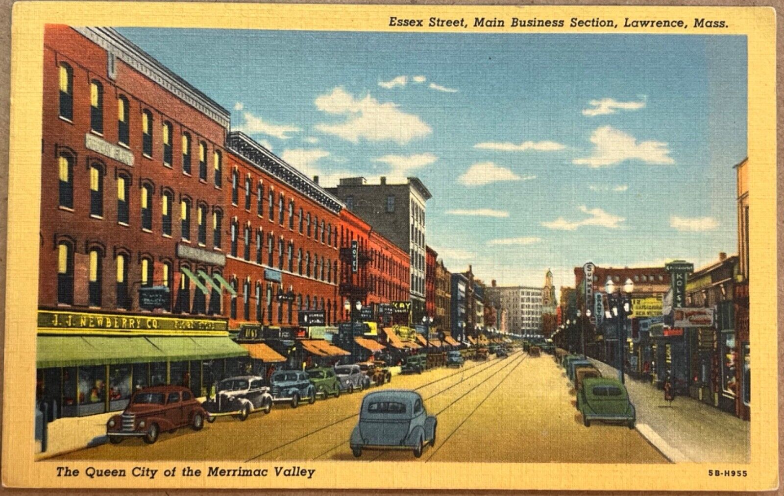 Lawrence MA Essex Street Old Cars Main Street Massachusetts VTG Postcard 1945