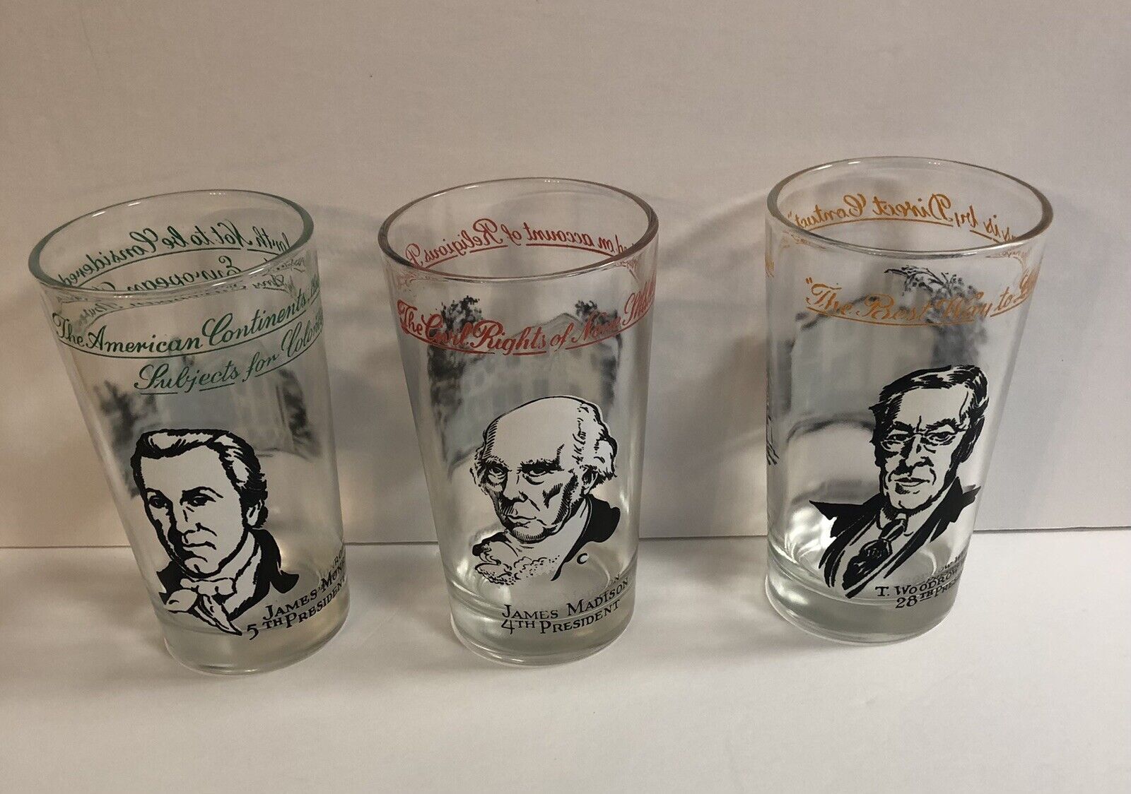 3 Vintage American President Drinking Glasses Political Madison Wilson Monroe
