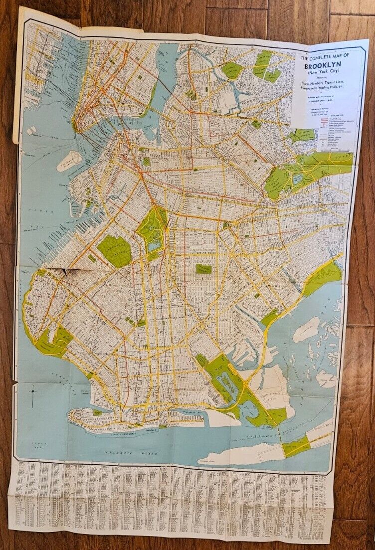 Original 1940\'s Brooklyn New York Color Map Street Transit  40\