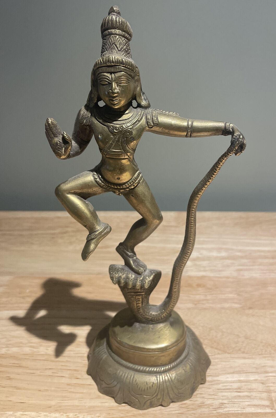RARE Vintage Hindu Statue Murali Krishna God On Snakes 10.5” Brass Statue
