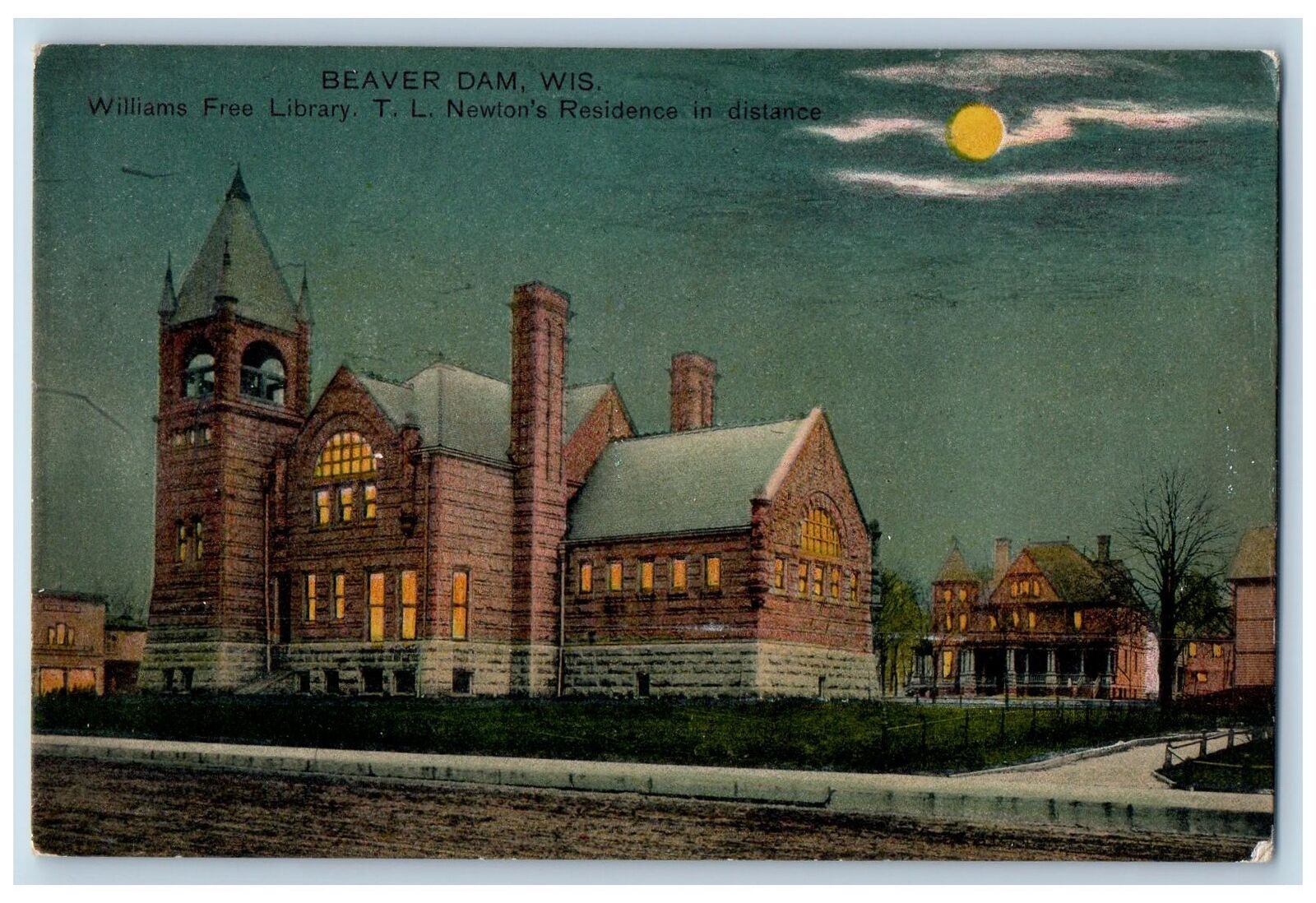 Beaver Dam Wisconsin Postcard Williams Free Library TL Newton's Residence c1910s