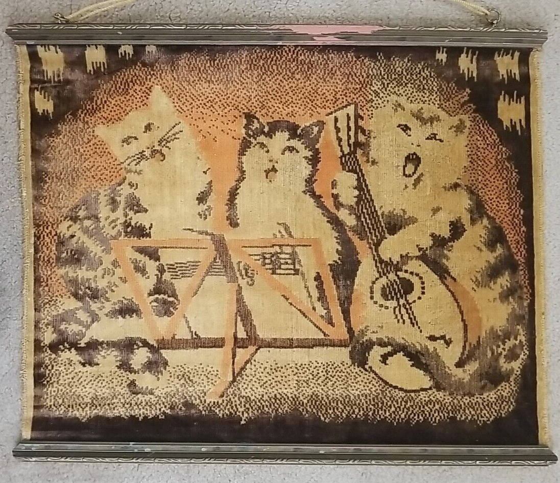 Antique Vintage Velvet 3 Cats Singing And Musician Tapestry Wall Hanging Fabric 