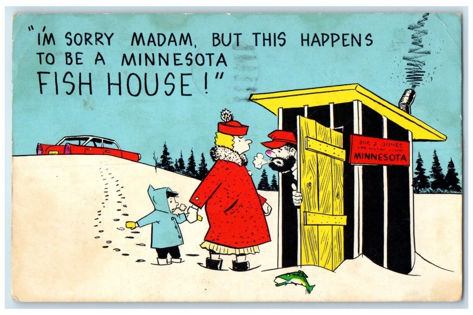 c1969 I'm Sorry Madam Fish House Outhouse Humor Minnesota MN Vintage Postcard