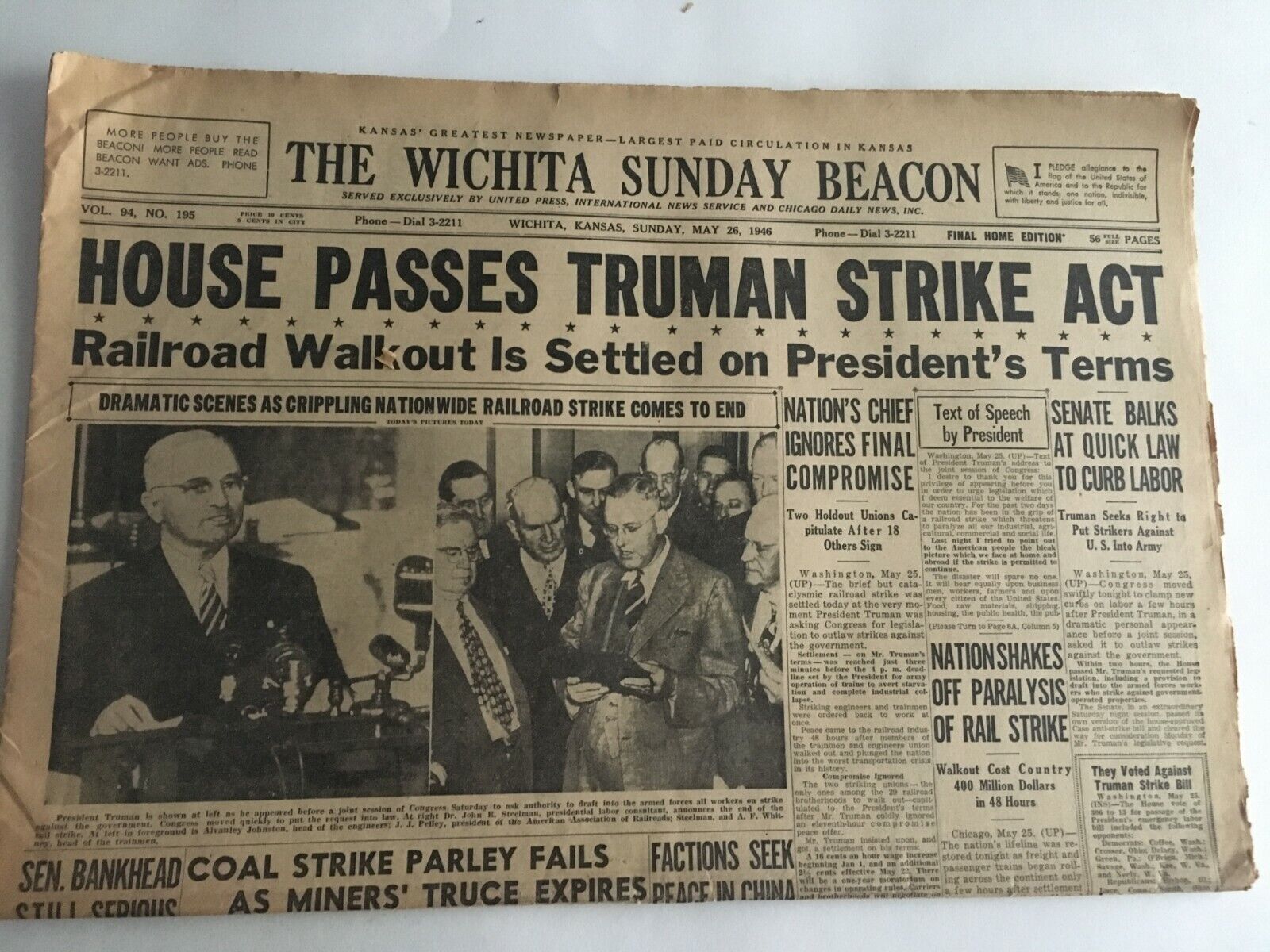 Newspaper 1946 House Passes Truman Strike Act Railroad Wichita Beacon Section A