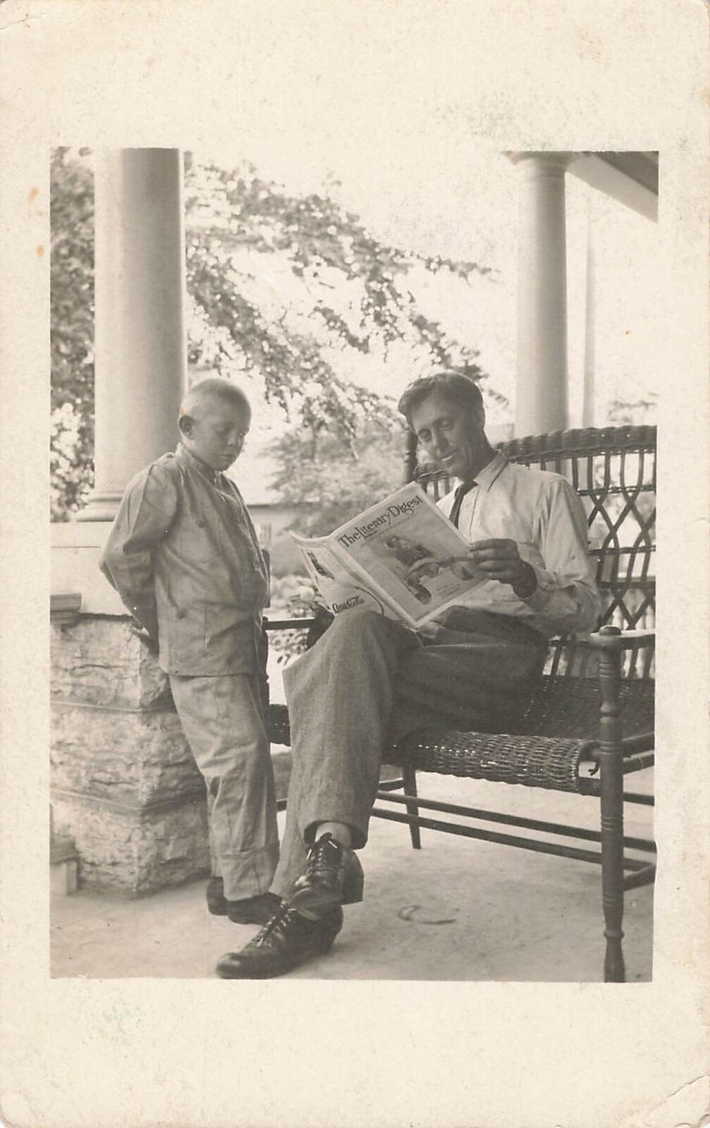Vintage RPPC Father & Son reading The Literary Digest Magazine Photo Postcard