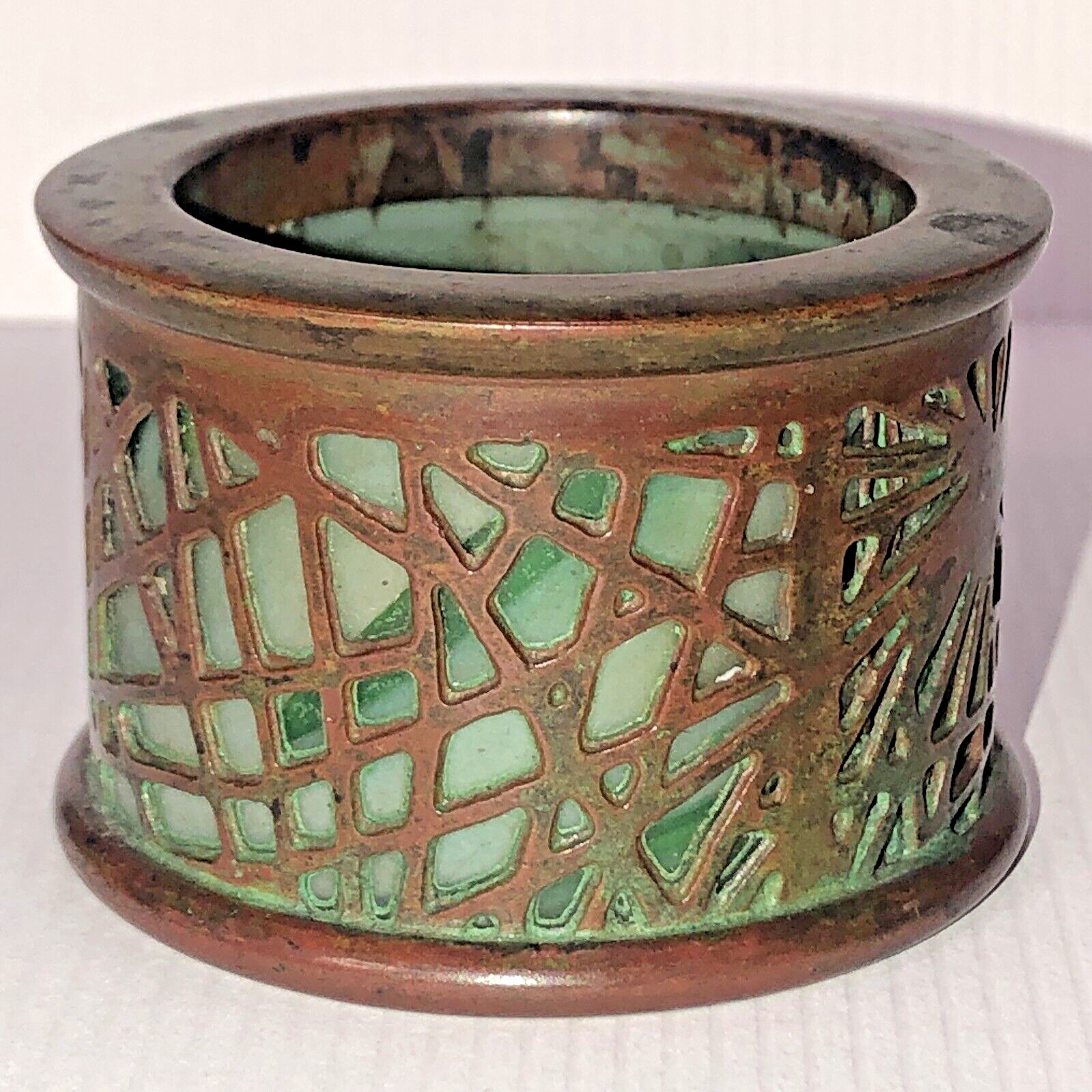 Rare, Antique Tiffany Studios New York Bronze Green Favrile Art Glass Round #981