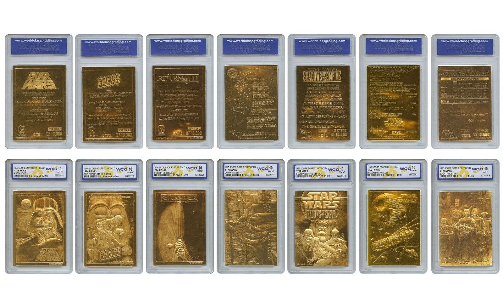 STAR WARS 1996 Genuine 23KT Gold Cards Graded Gem-Mint 10 – COMPLETE SET OF 7